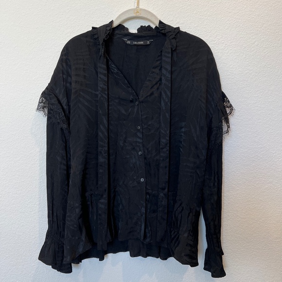 Zara Black Jacquard Blouse with Lace Detail and Tie XS - Picture 1 of 5